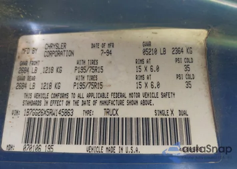 1994 Dodge Dakota z USA, uszkodzony, nr VIN 1B7GG26X5RW145863